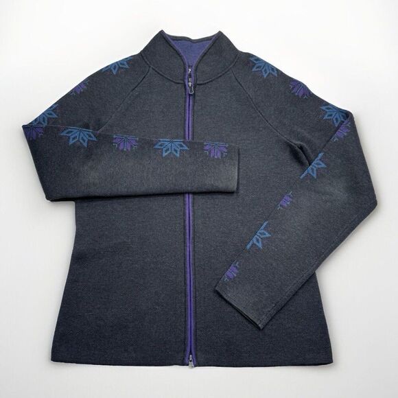 Eddie Bauer Sport Cardigan Sweater Womens S Gray Purple Blue Snowflake Full Zip - Picture 1 of 4